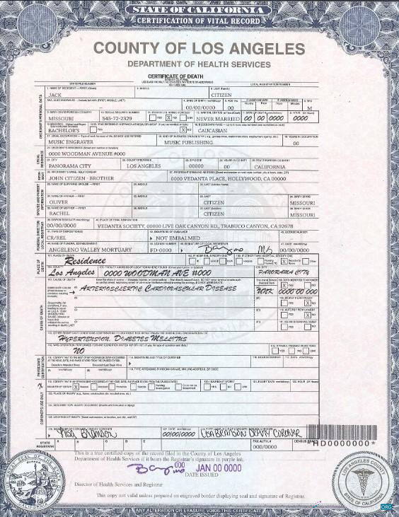 Download USA county of Los Angeles death certificate template in PSD format Photoshop template